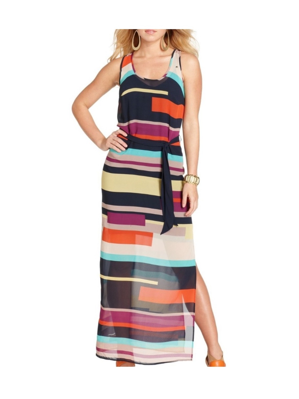 Guess Multicolor Striped Sleeveless Maxi Dress with Tie Waist